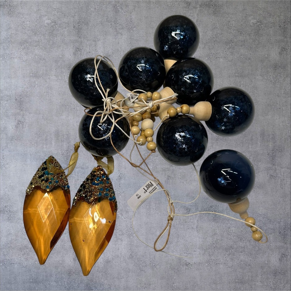 Pier 1 Imports Christmas Ornaments Navy Blue Star Spheres & Amber Drops 10pc Lot